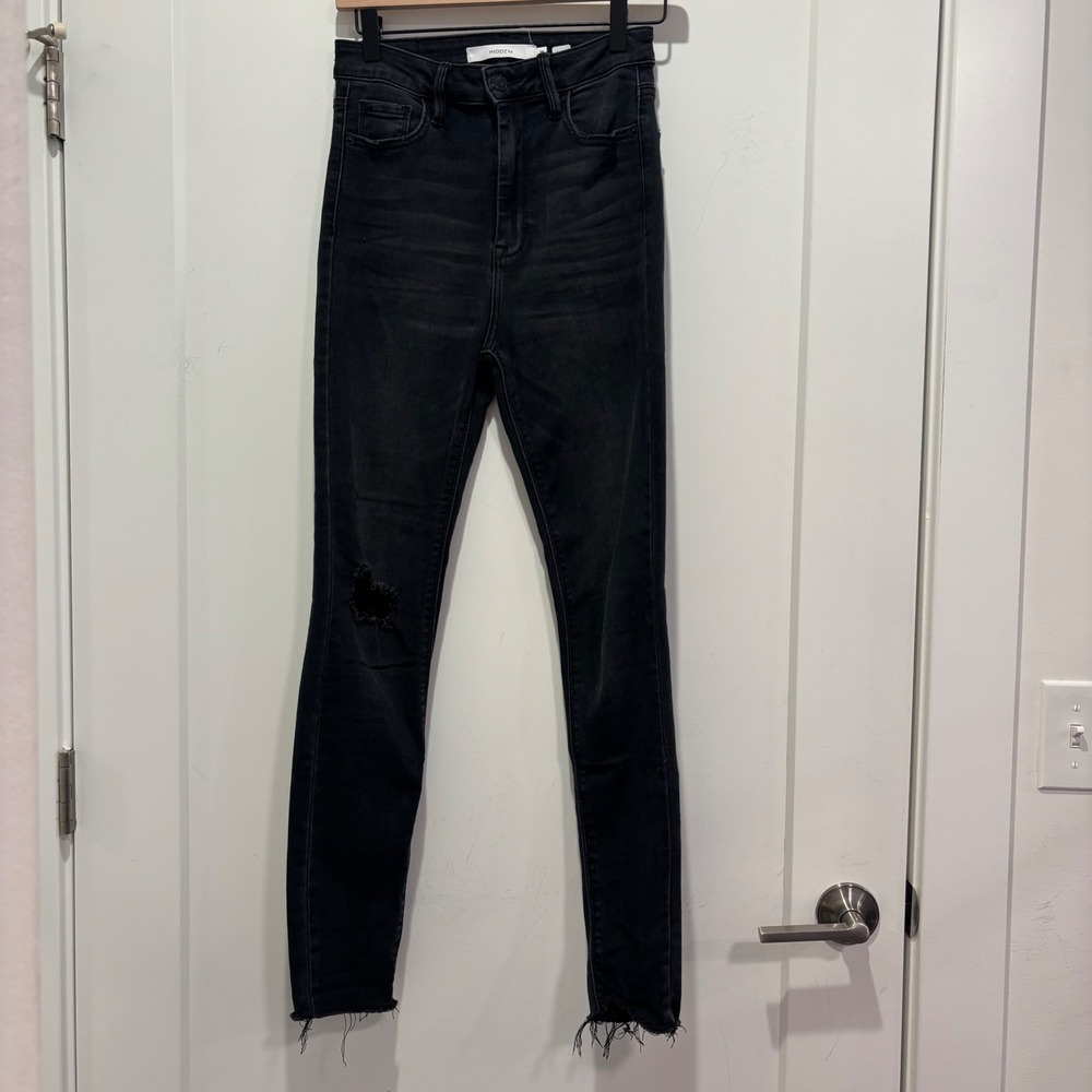 Hidden Jeans Black Distressed High Rise Skinny Jeans Raw Hem HD1291H-BLK Size 26